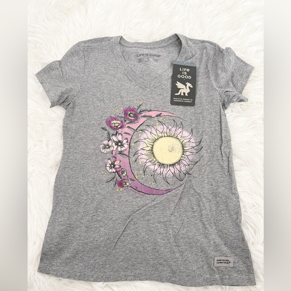 Life Is Good Women's Heather Gray Tee with Floral and Sun Design - Picture 1 of 3